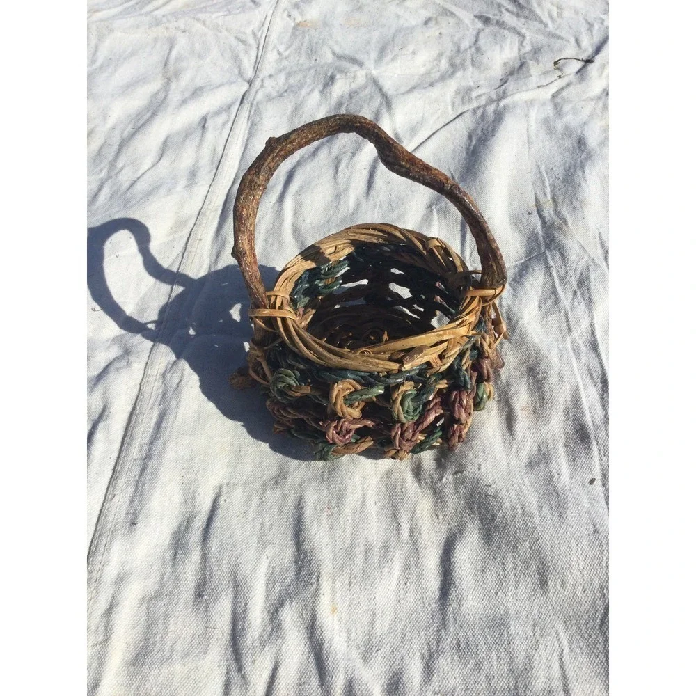 Rustic handmade small‎ basket 7” 7 in brown green bohemian rustic witch fairy